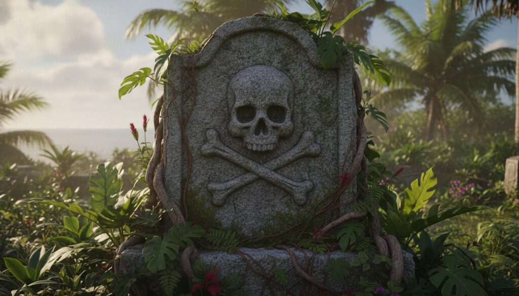 Tombstone engraved with a skull at the pirate cemetery
