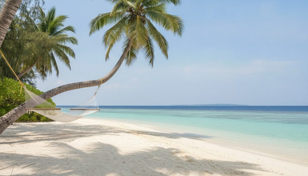 Plage de sable blanc et cocotiers sur l'Île aux Nattes
