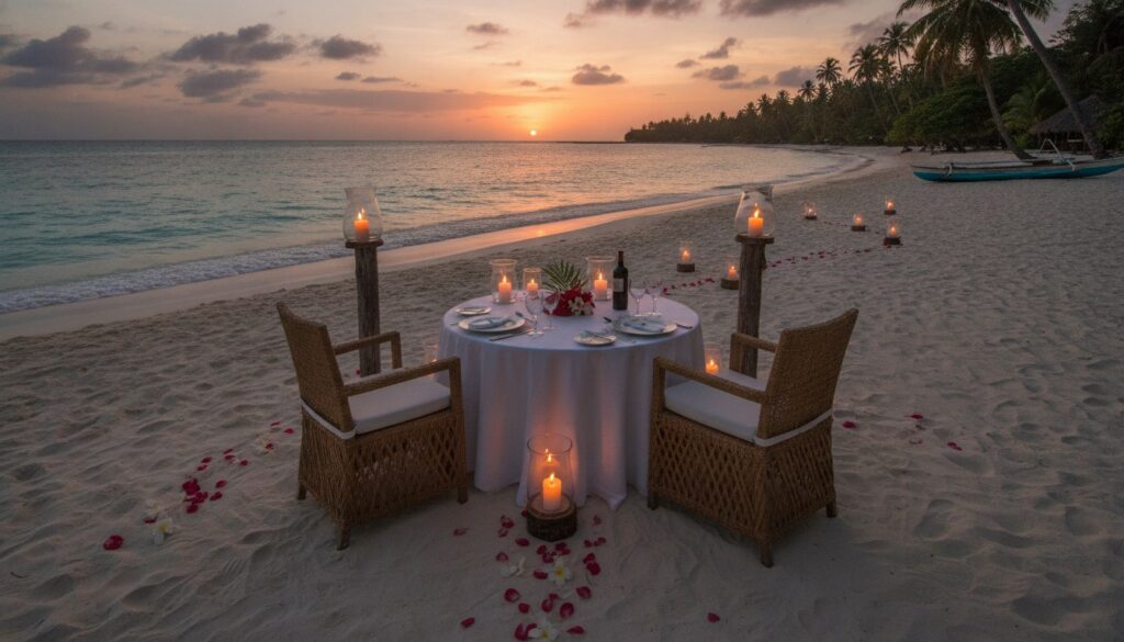 Dîner romantique au coucher du soleil sur la plage