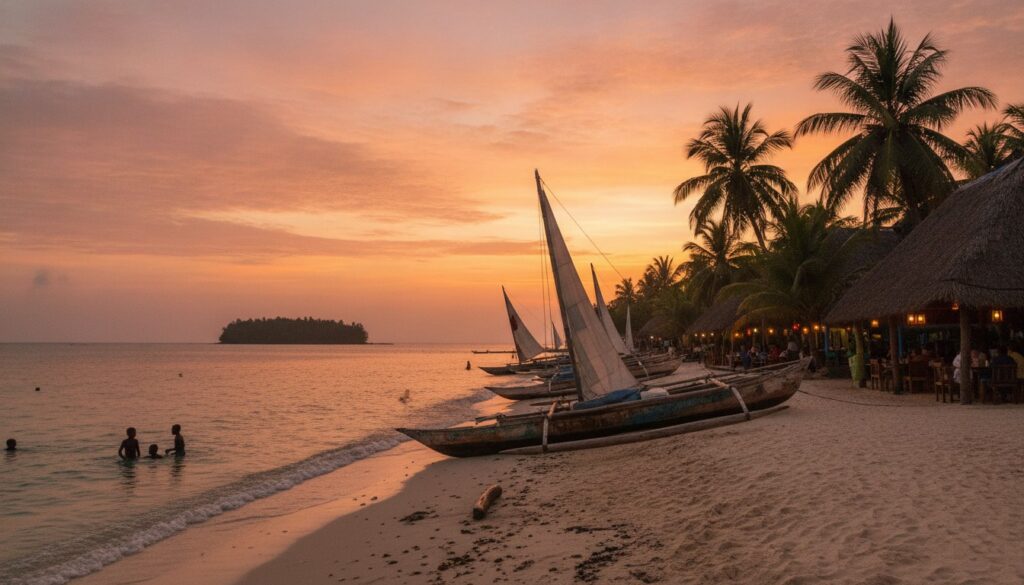 Plage animée de Nosy Be au coucher du soleil