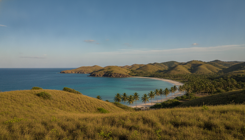 Baie turquoise et collines verdoyantes de Madagascar en saison sèche