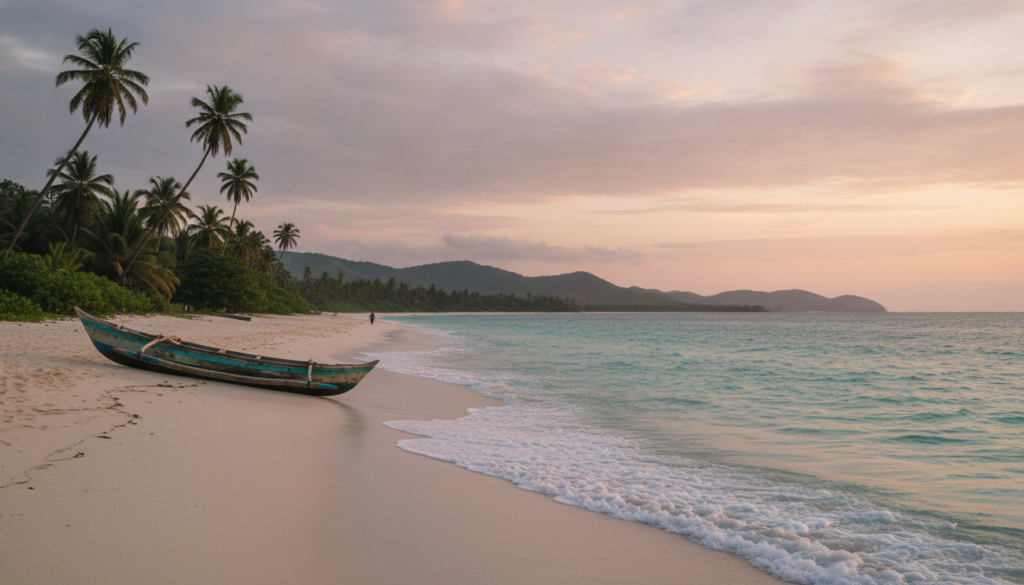 Plage tranquille de Madagascar en basse saison avec une pirogue traditionnelle