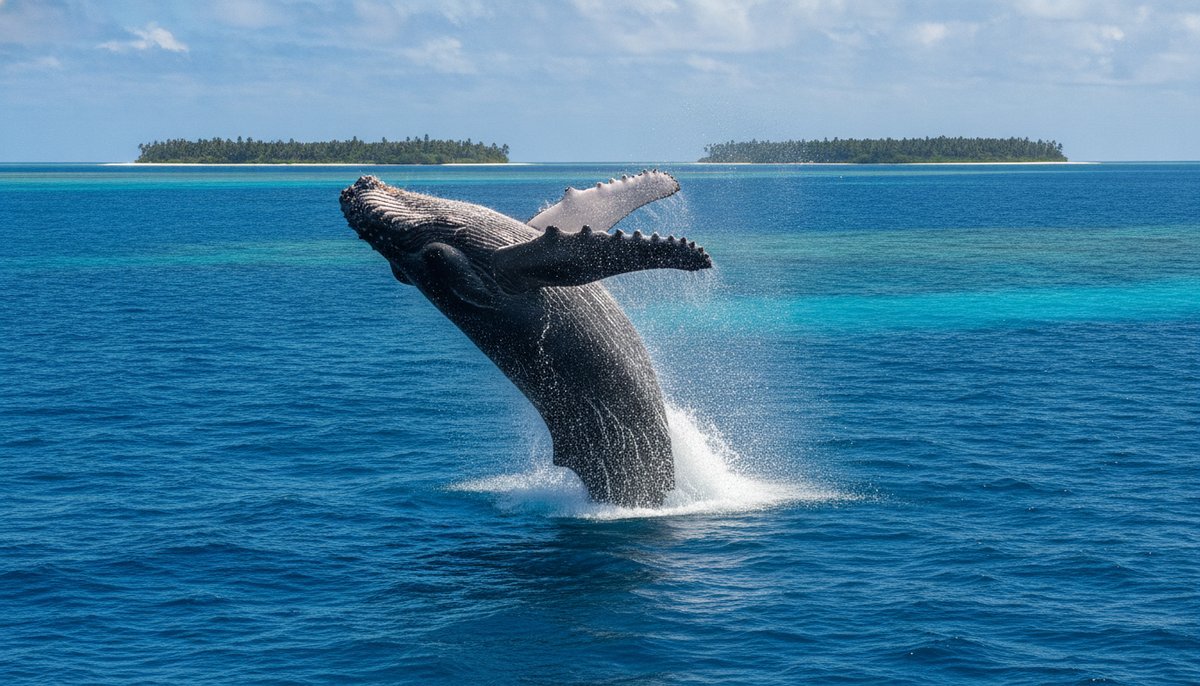 Humpback whale breaching off Sainte-Marie, Madagascar, during the whale-watching season