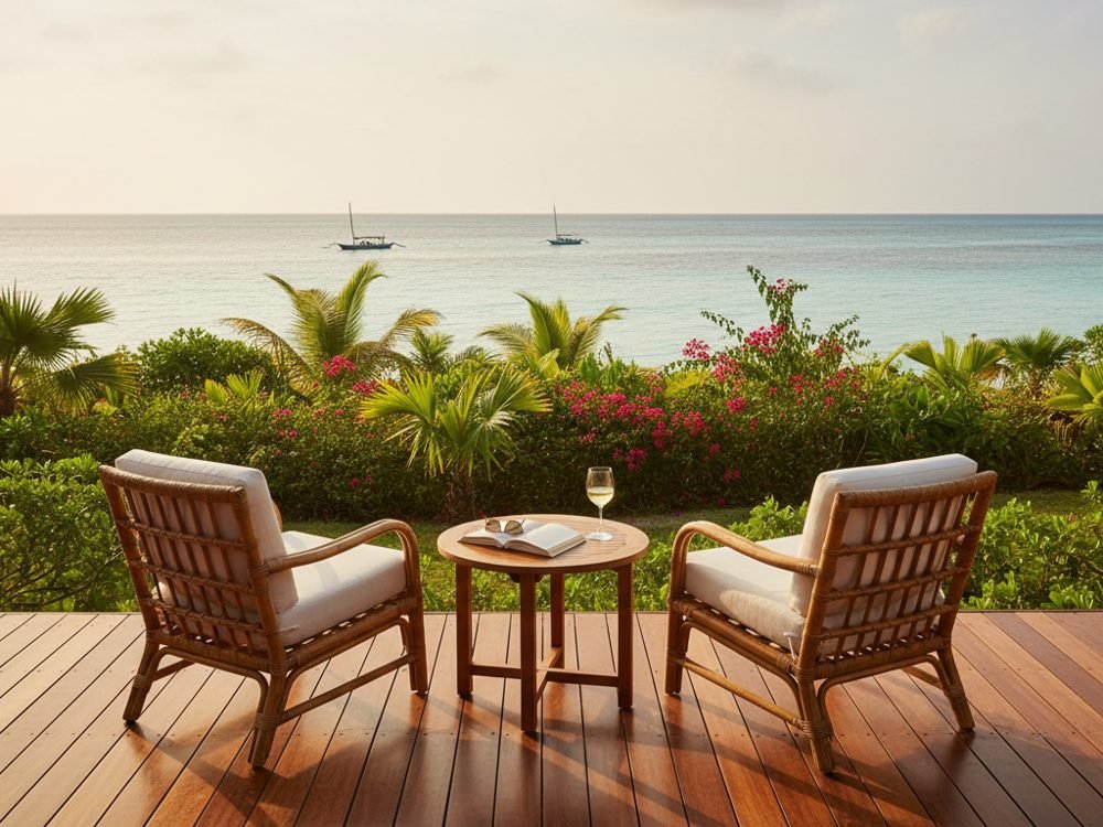 Sea-view terrace at La Colombine, minutes from the whale-watching boats in Ambodifotatra