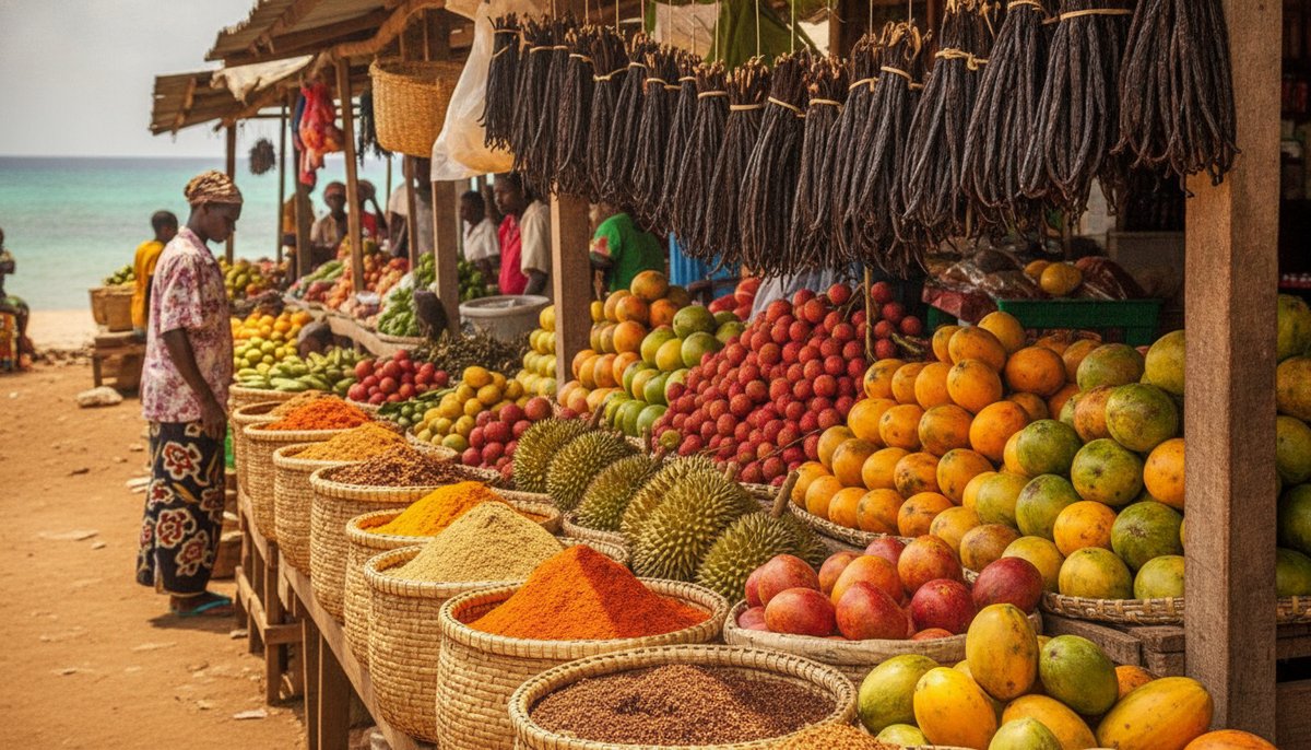 Market stall in Ambodifotatra with tropical fruit, spices and vanilla, Sainte-Marie