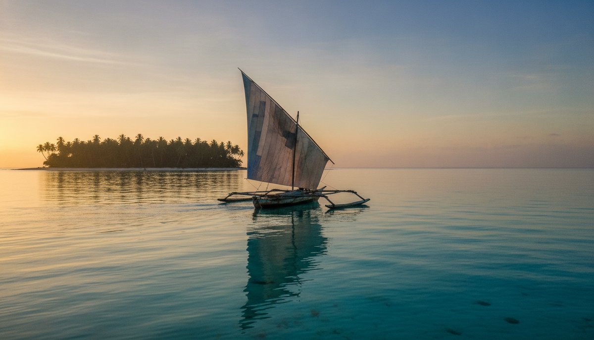 Traditional outrigger pirogue at dawn on the calm sea off Sainte-Marie, Madagascar