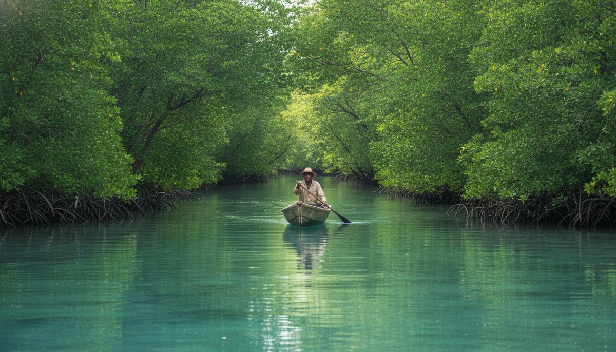 Traditional pirogue gliding through the mangroves of Sainte-Marie