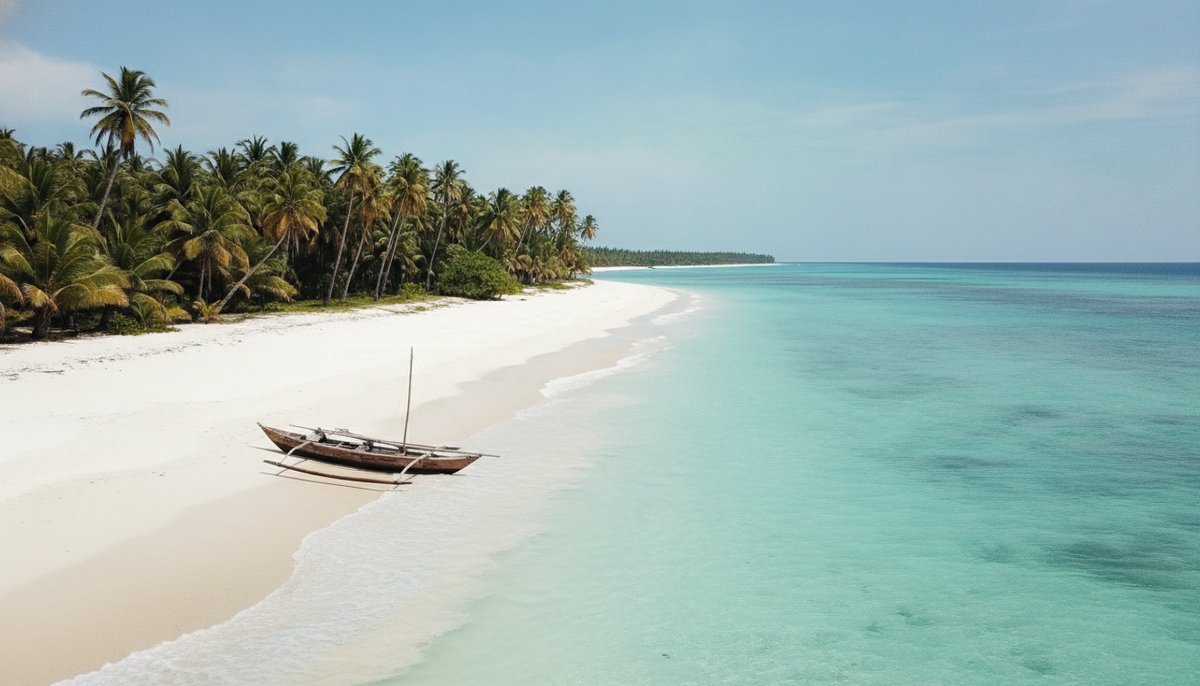 Plage de sable blanc bordee de cocotiers et pirogue a l'ile Sainte-Marie, Madagascar