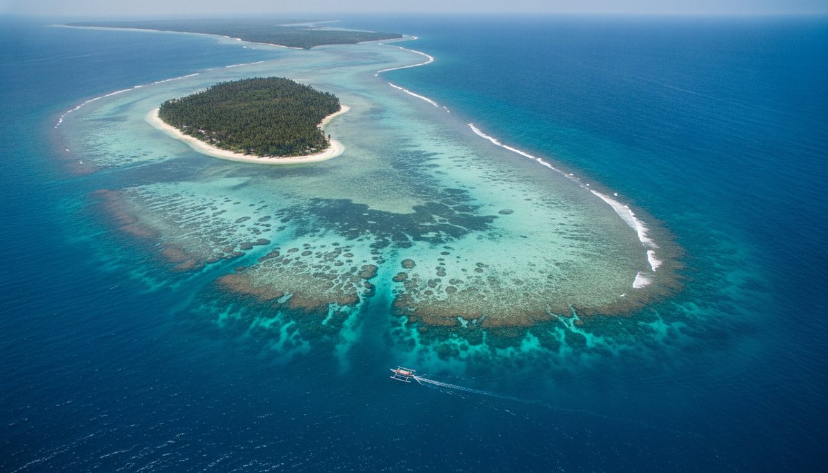 Aerial view of the turquoise channel and reefs around Ile Sainte-Marie (Nosy Boraha), Madagascar