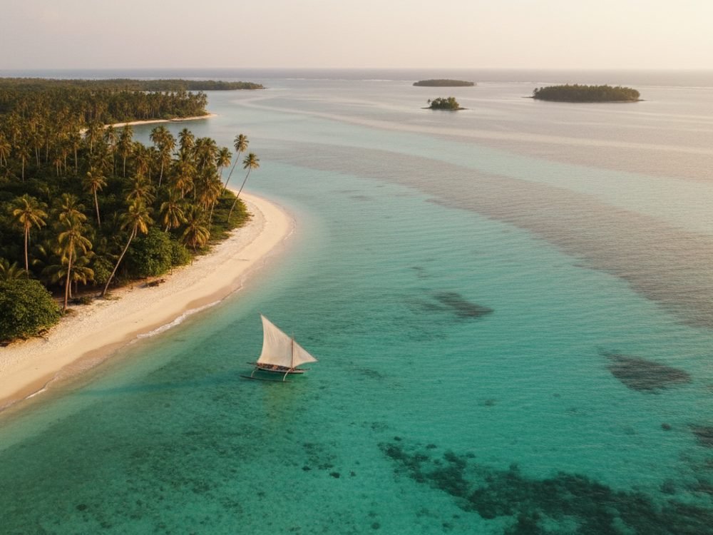 Turquoise lagoon and traditional outrigger boat off Ile Sainte-Marie (Nosy Boraha)