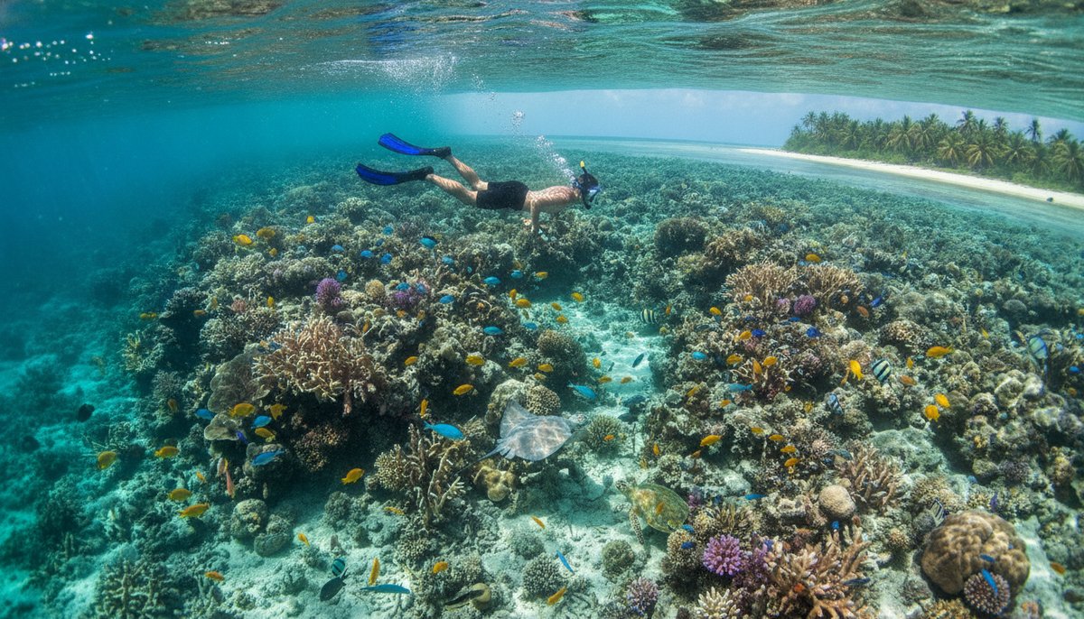 Snorkeling over a colourful coral reef off Sainte-Marie, Madagascar