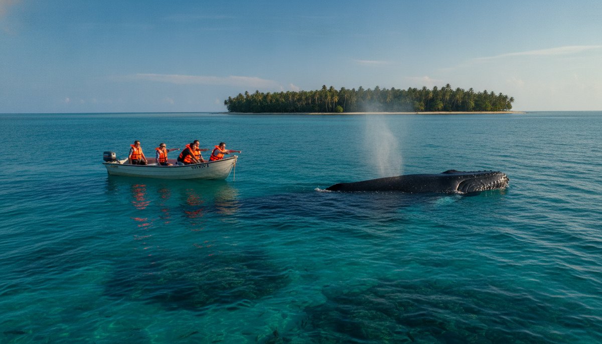 Travellers on a boat watching a humpback whale surface off Sainte-Marie (Nosy Boraha)