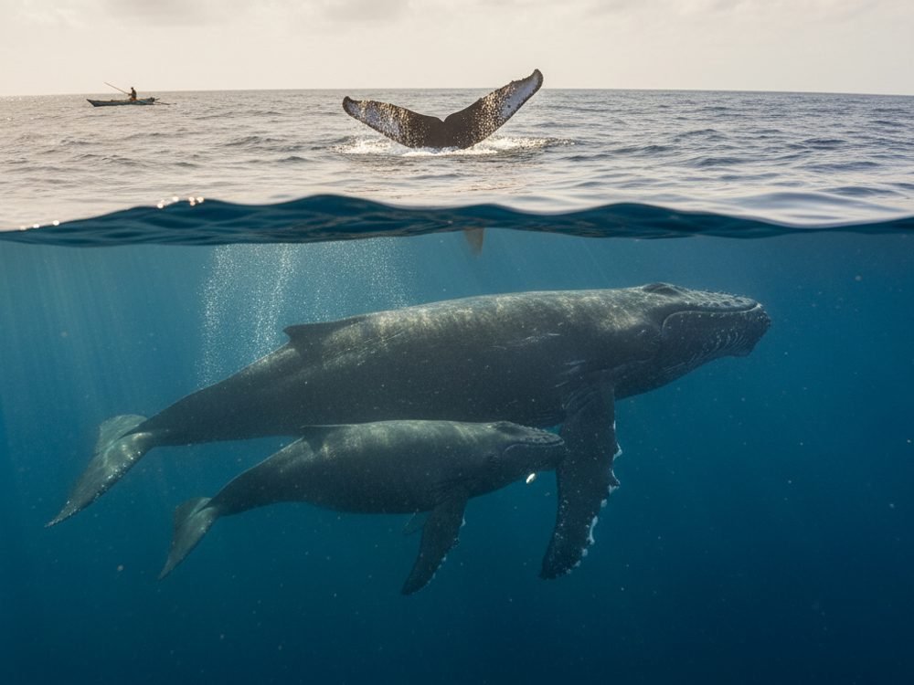 Humpback whale and calf during a whale-watching trip off Sainte-Marie, Madagascar