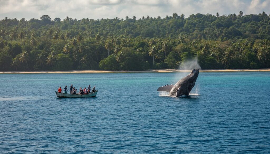 touristes observant une baleine à bosse en bateau à Sainte-Marie