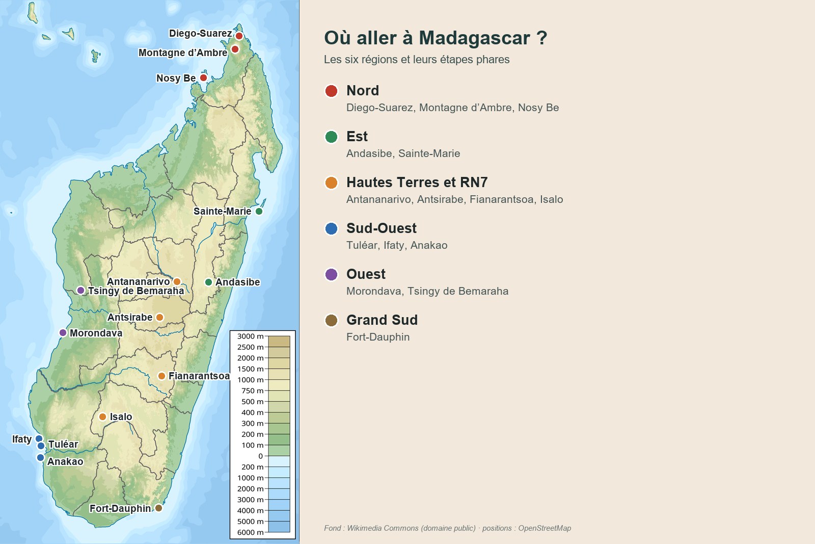 carte des six régions pour choisir où aller à Madagascar