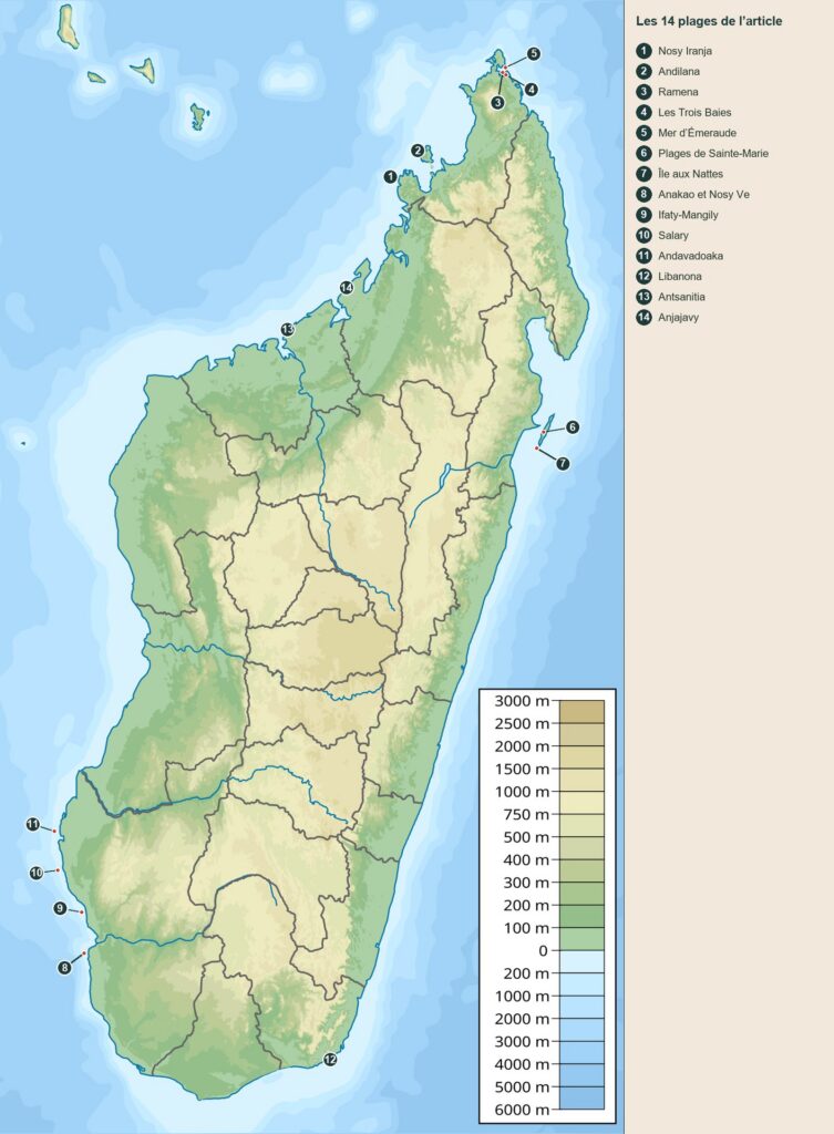 carte de Madagascar situant les 14 plages paradisiaques de l’article, numérotées comme dans le tableau
