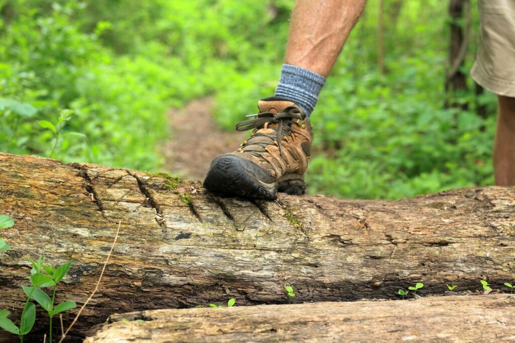 chaussures de marche sur un sentier de forêt, à mettre dans sa valise pour Madagascar